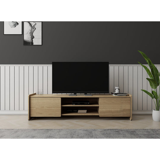 TV cabinet in a modernly decorated living room. It shows the 2 cupboards and internal shelf in use with a TV on top.