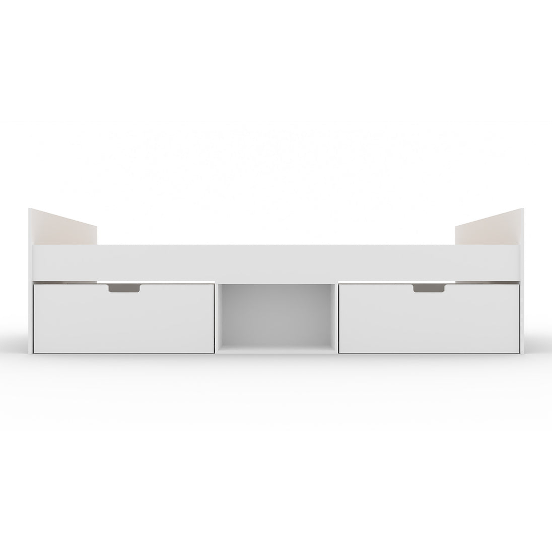 White storage unit with drawers and open shelf on a white background