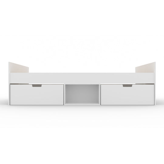 White storage unit with drawers and open shelf on a white background