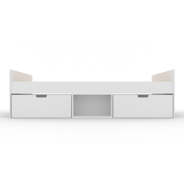 White storage unit with drawers and open shelf on a white background