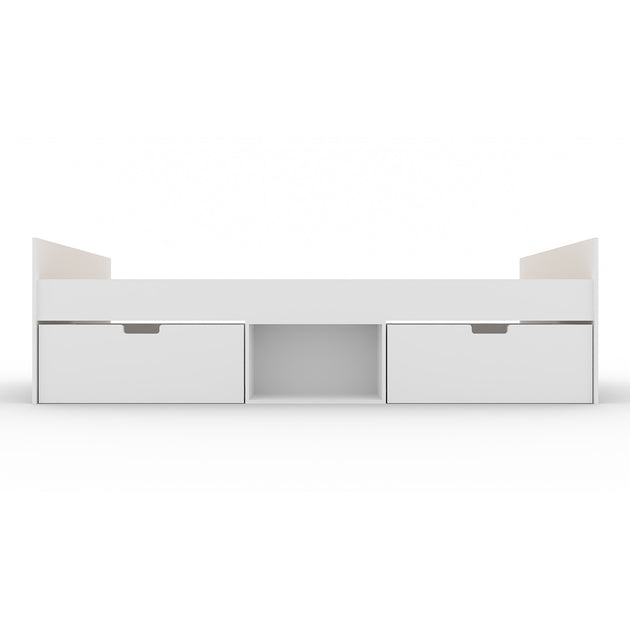 White storage unit with drawers and open shelf on a white background
