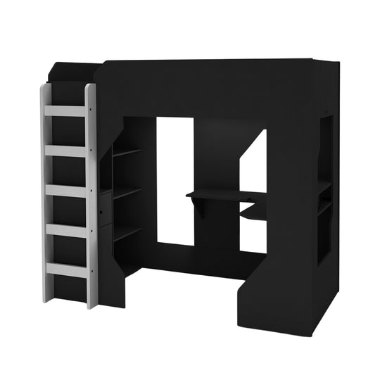 Side view of the black high loft sleeper bed. It shows off the built-in desk and all the included storage.