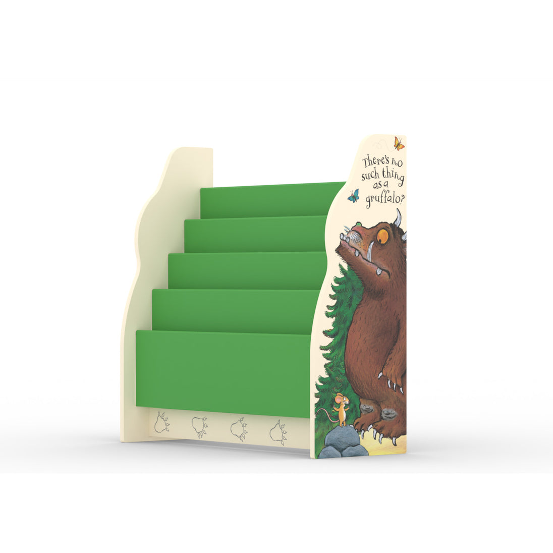 A Green/Cream Bookcase featuring The Gruffalo character on the side with flavour text from the book.