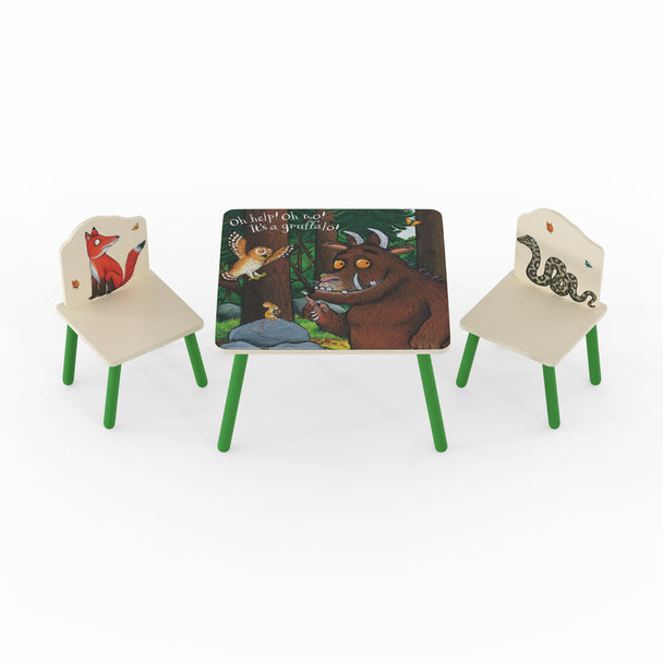 A green/cream toddler table and 2 chair furniture set, featuring characters from The Gruffalo story book.