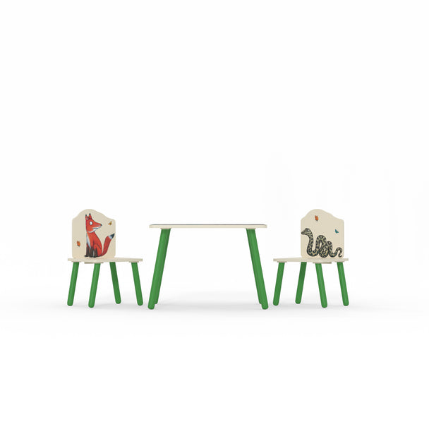 The toddler table and 2 chair set as if you were looking at it from the front, at ground level.