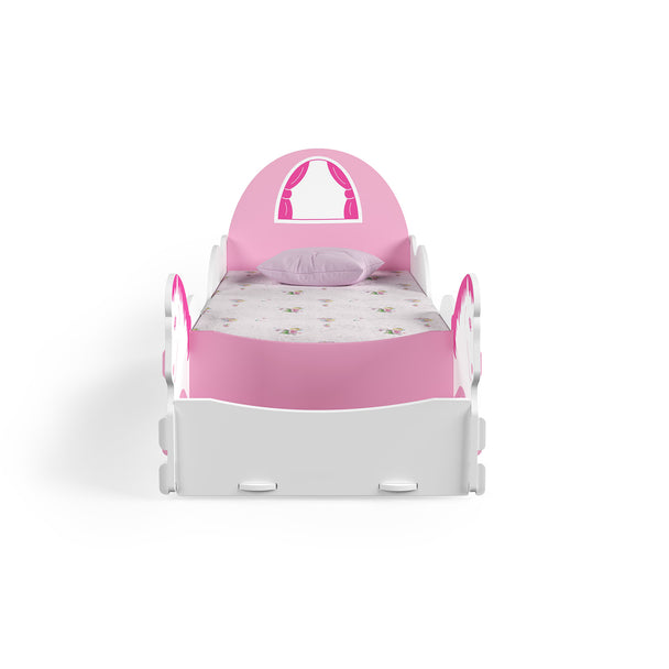 Front view of the bed frame showing off the toy box and pink illustrated cart graphics.