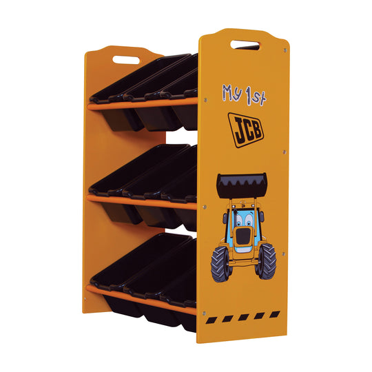 Side view of the Yellow/Orange JCB 9 Bin storage unit. Shows off the construction themed graphics. Mainly character Joey, and the JCB logo.