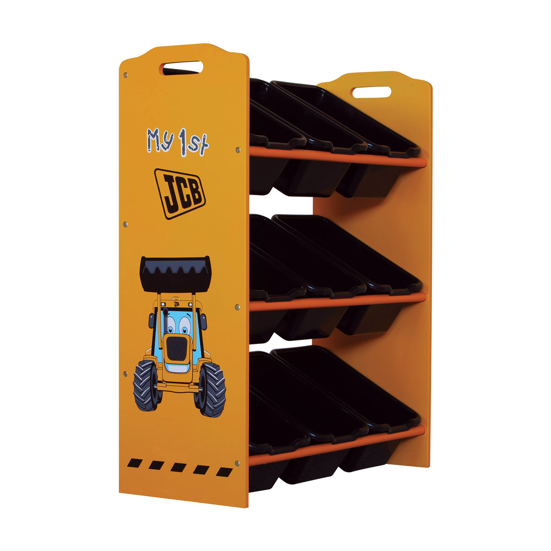 Alternative side view of the JCB 9 Bin storage unit. Shows off the construction themed graphics. Mainly character Joey, and the JCB logo.