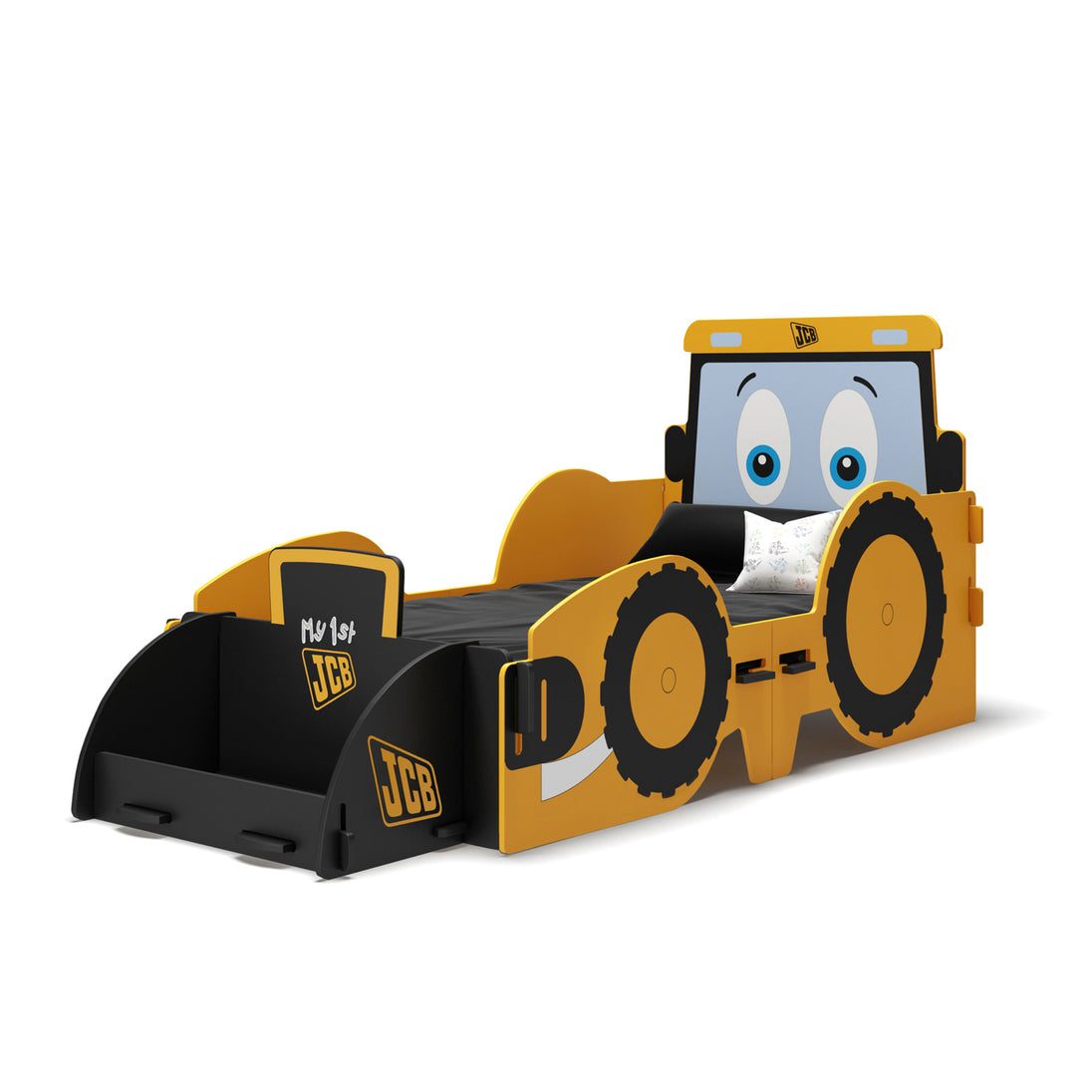 Side view of the Yellow/Orange Joey JCB toddler bed.