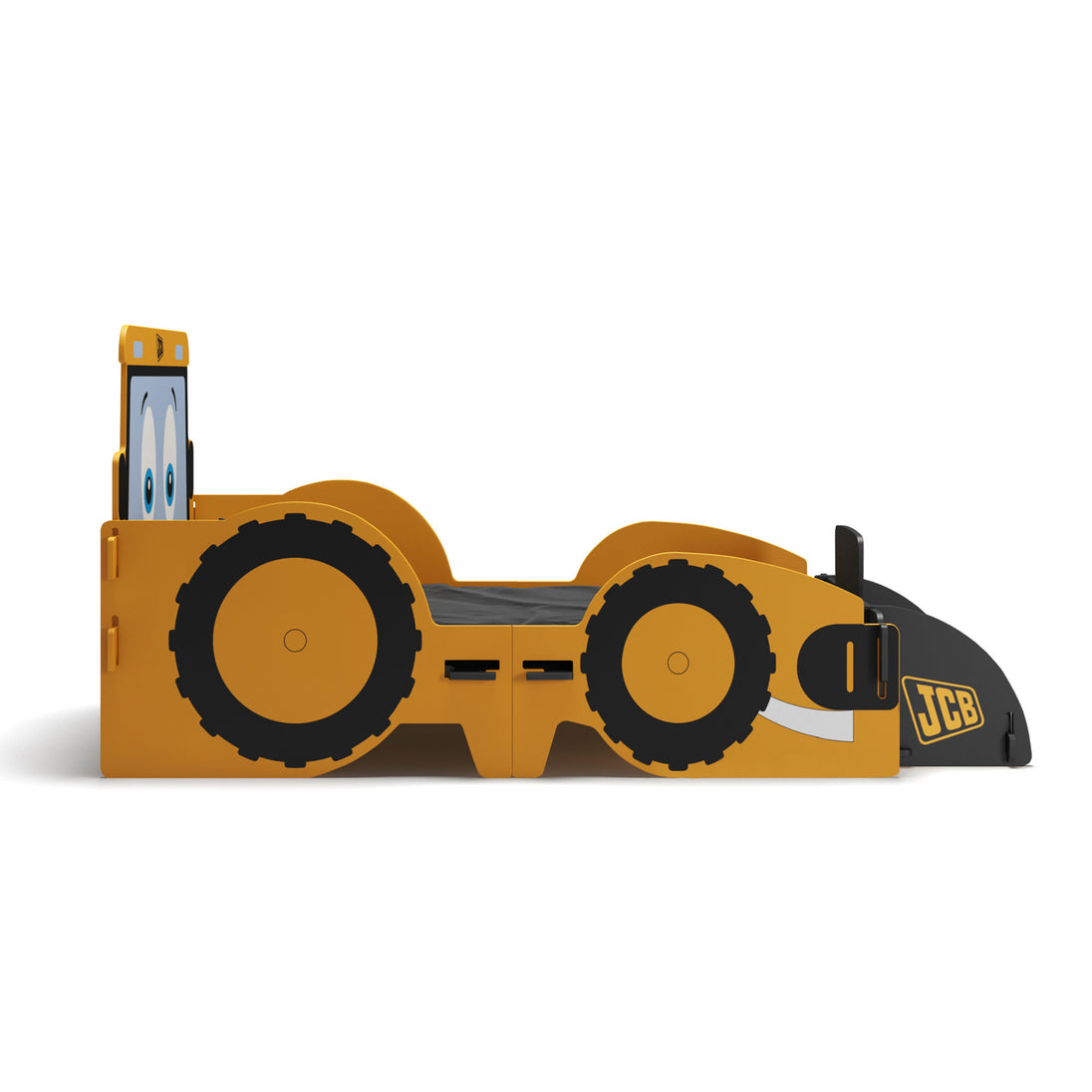 Full on side view of the Joey JCB toddler bed. Made to look like a digger, it shows off the art.