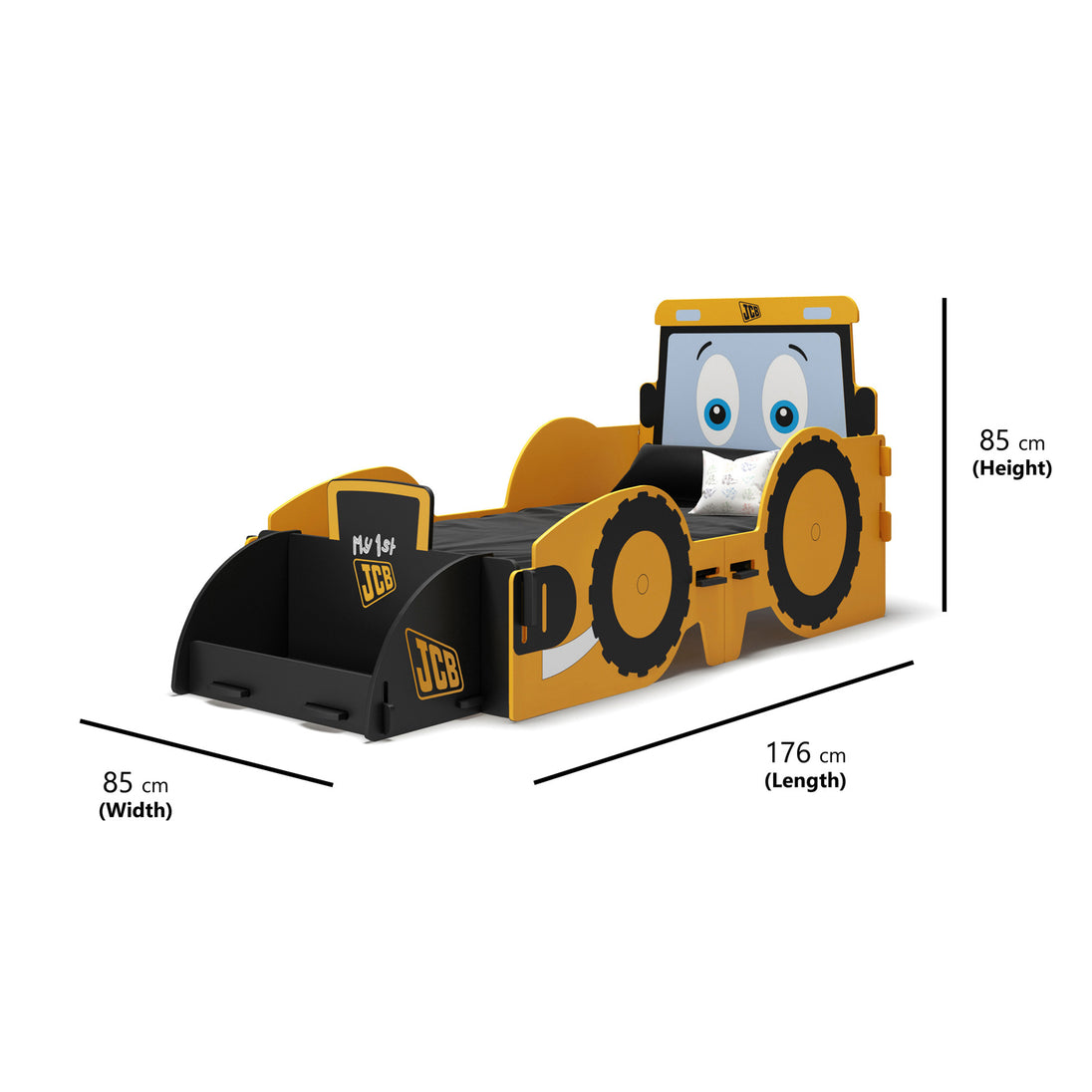 Dimensions of the Joey JCB toddler bed, which includes the skip attachment at the front.