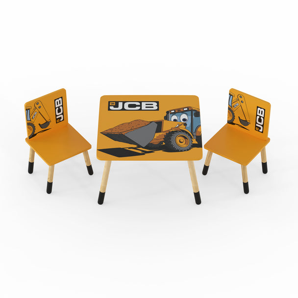 A yellow toddler table and 2 chair furniture set. It shows the digger cartoon character 'Joey' on the table top and black JCB logo graphics on the chairs.