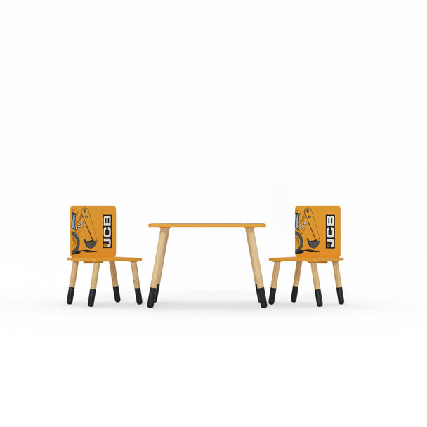 The toddler table and 2 chair set as if you were looking at it from the front, at ground level.