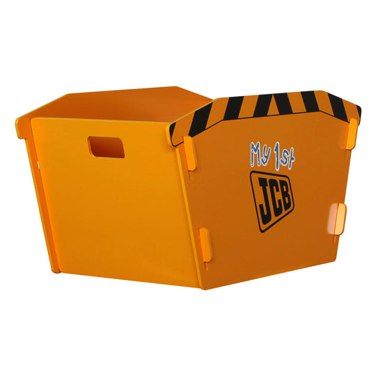 Side view of the Yellow/Orange JCB skip toybox. Shows off the construction skip graphics/art and JCB logo.