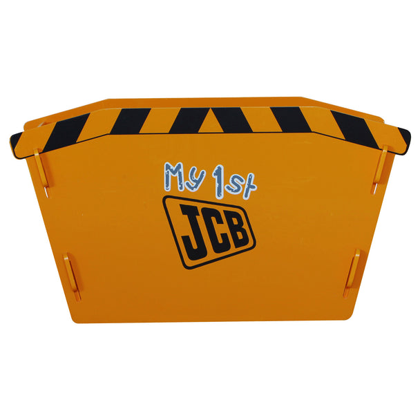 Full on side view of the skip toybox. Shows off the construction skip graphics/art and JCB logo.