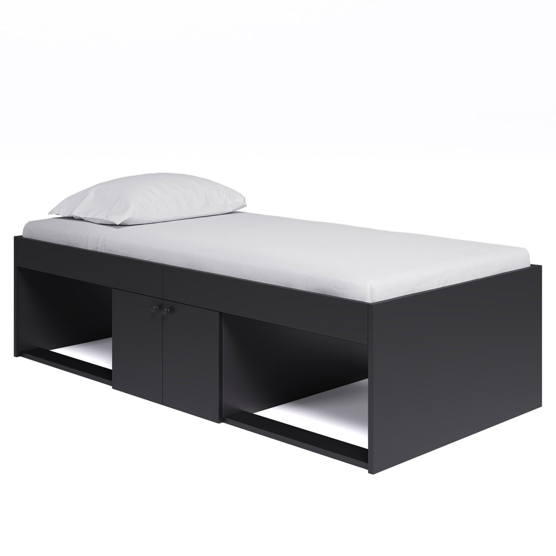Front right side view of a black bed frame with a built-in 2 door central cupboard underneath, with an open recess on each side.