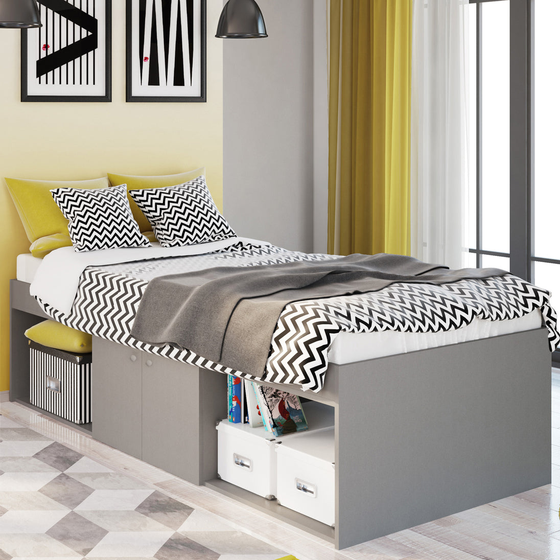 Bed frame in a modernly decorated bedroom.