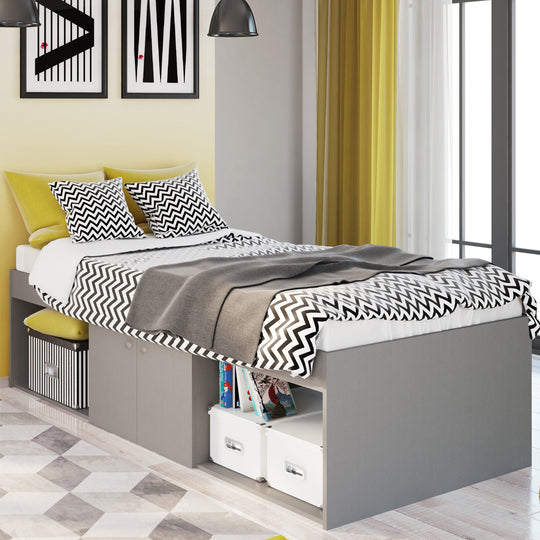 Bed frame in a modernly decorated bedroom.
