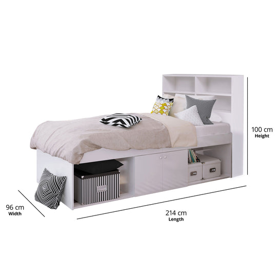 Dimensions of the white bed frame that takes into account the headboard attachment.