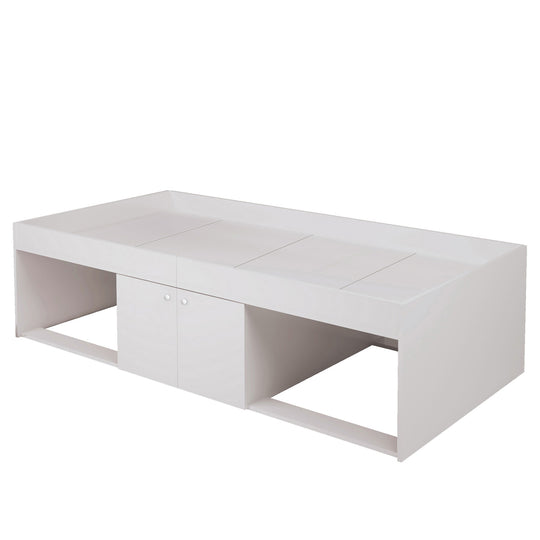 A white bed frame with a built-in 2 door central cupboard underneath, with an open recess on each side.