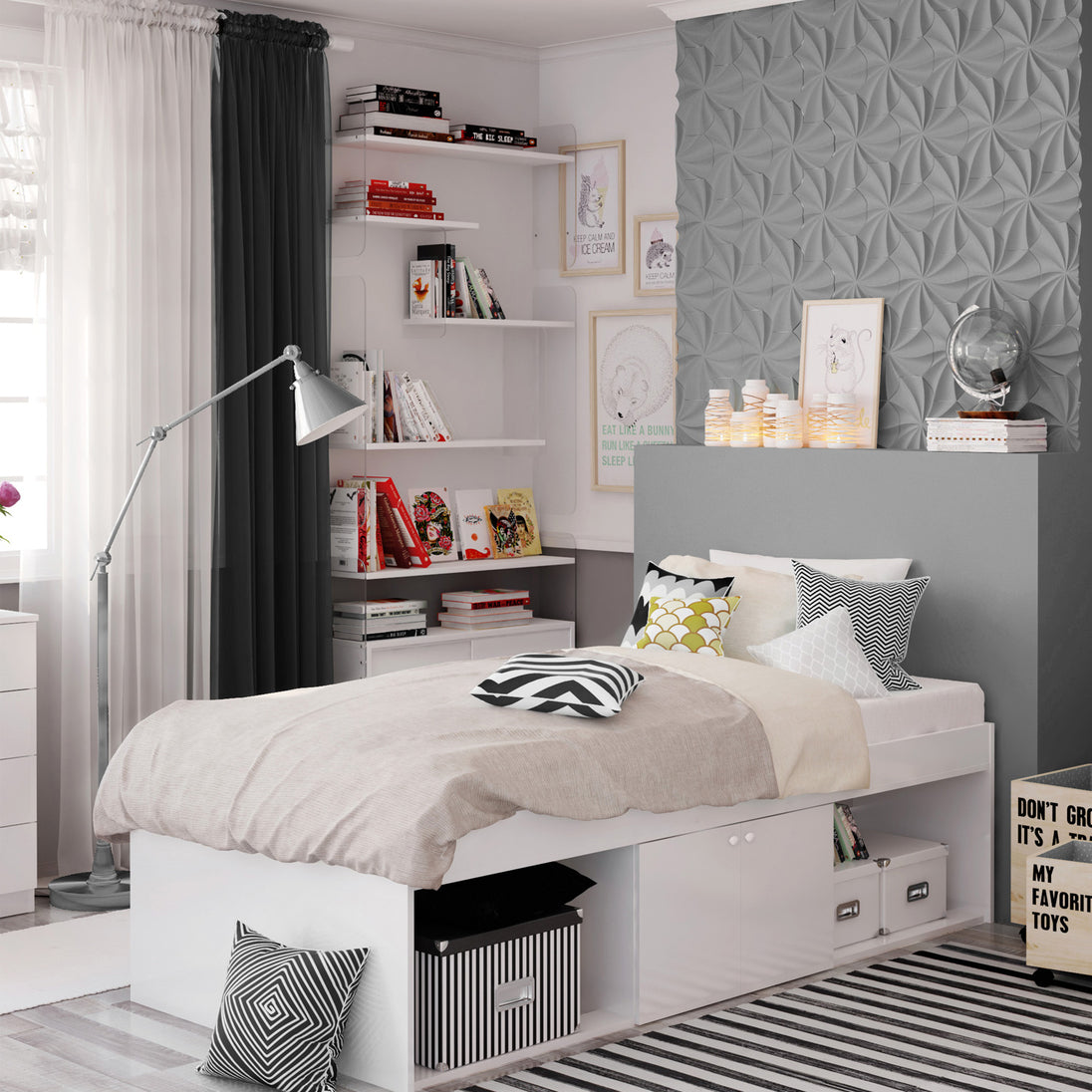 White bed frame in a modernly decorated bedroom.