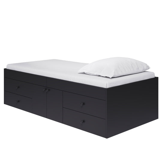 A black bed frame with a built-in central cupboard and 4 drawers (2 drawers on each side of the cupboard).