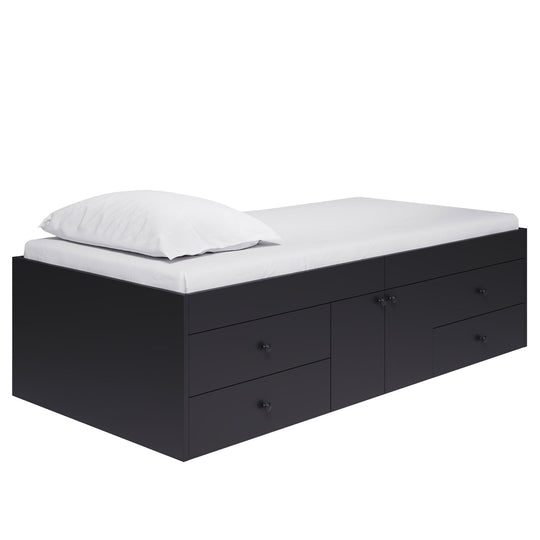 A black bed frame with a built-in central cupboard and 4 drawers (2 drawers on each side of the cupboard).