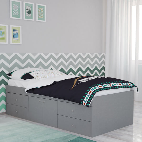 Bed frame in a modernly decorated bedroom.