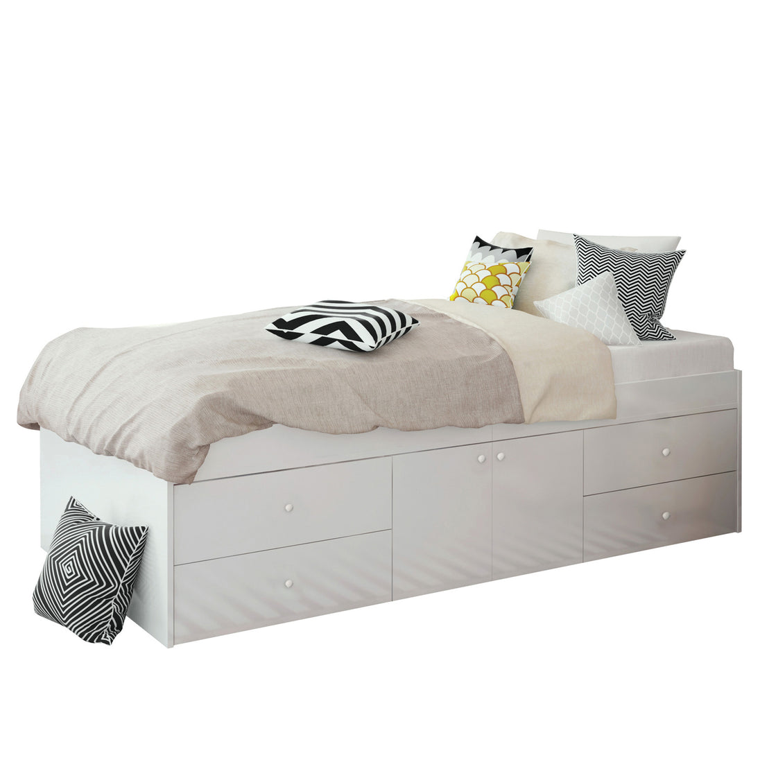 White bed frame with a built-in central cupboard and 4 drawers (2 drawers on each side of the cupboard).