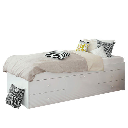 White bed frame with a built-in central cupboard and 4 drawers (2 drawers on each side of the cupboard).