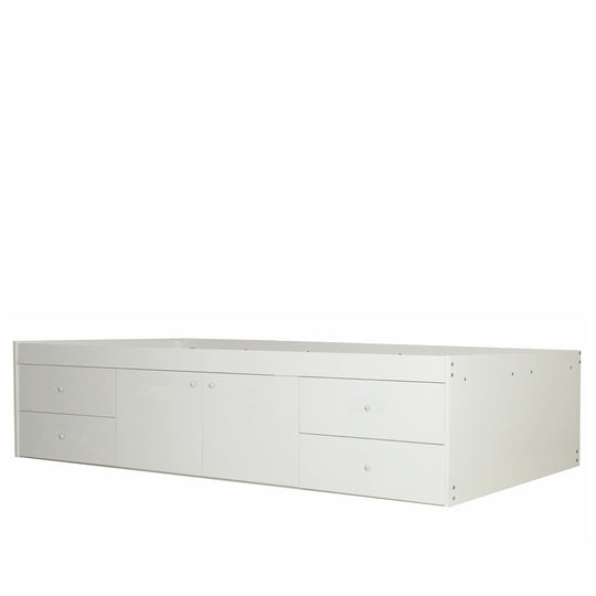 White bed frame with a built-in central cupboard and 4 drawers (2 drawers on each side of the cupboard).