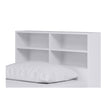 White 4 cube bookcase that attaches to the headboard of a specific product.