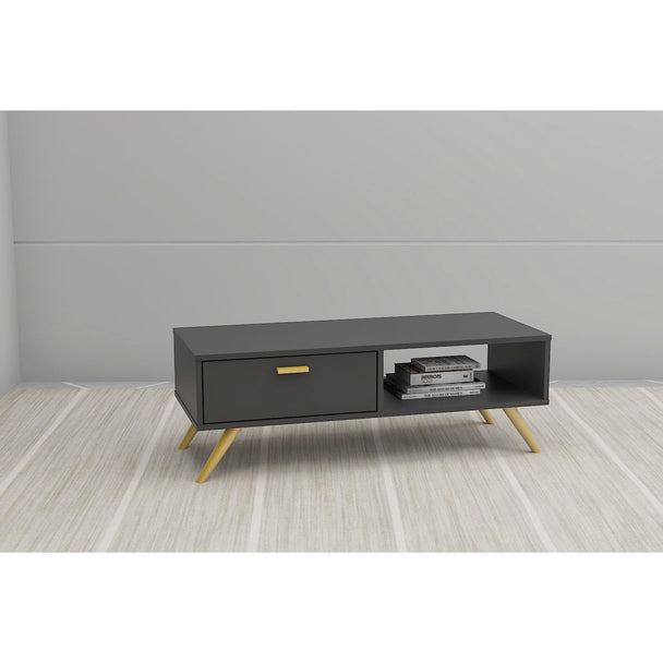 Coffee table in a modernly decorated living room. It shows the 1 left-handed cupboard, right side open back niche and top surface area in use.