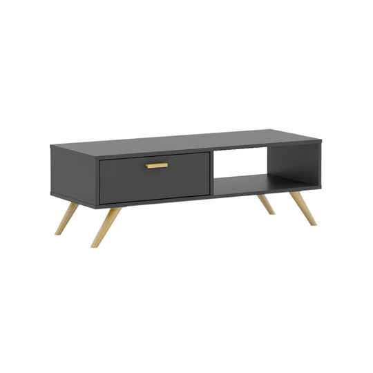 Coffee table with its built-in cupboard and right side open back niche on display.