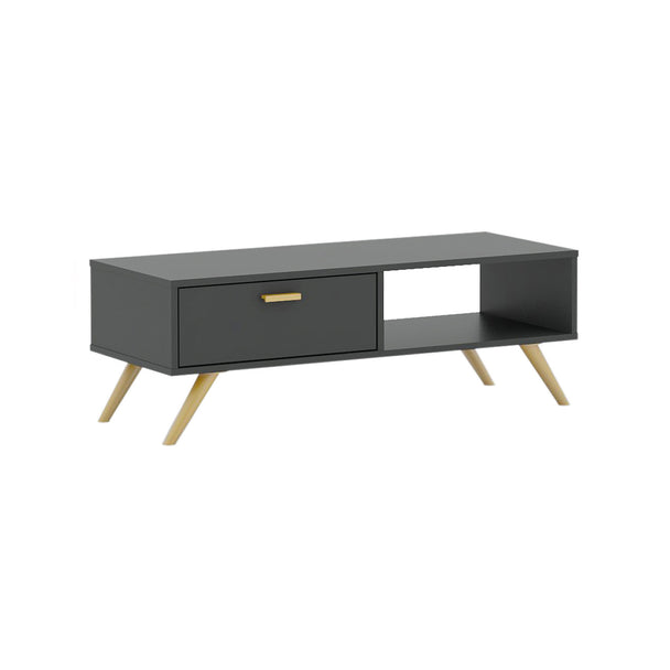 Coffee table with its built-in cupboard and right side open back niche on display.