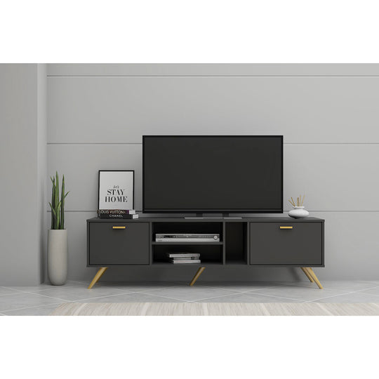 TV cabinet in a modernly decorated living room. It shows the 2 cupboards and internal shelf in use and a TV on top.