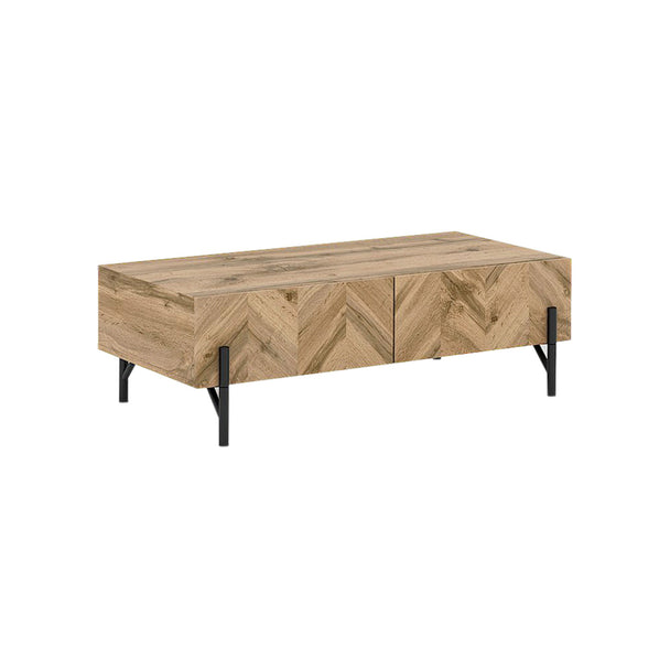 Coffee table with its 2 built-in pull-out drawers on display.