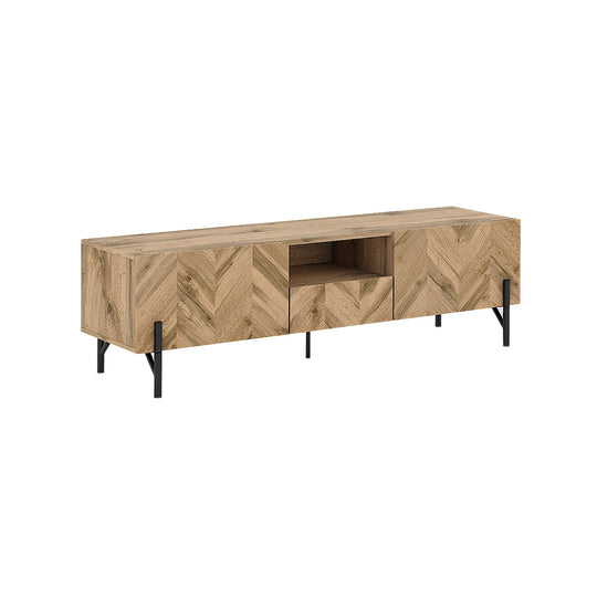 TV cabinet with its internal drawer, 1 shelf and 2 built-in cupboards on display.
