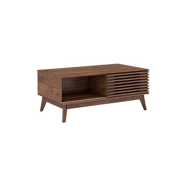 Coffee table on display. It shows off the 2 built-in cupboards. 1 has a door and 1 is without.