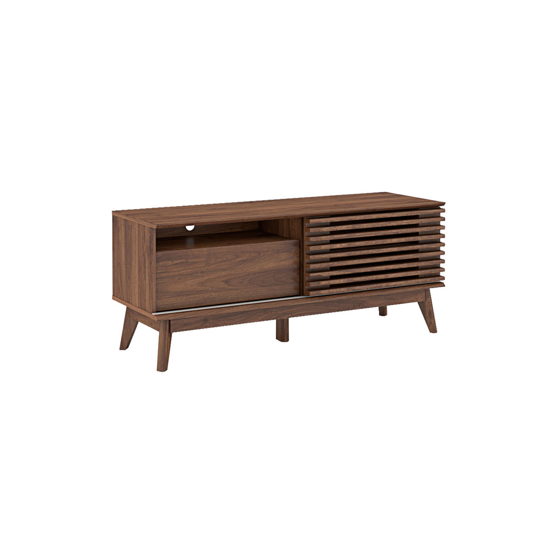TV cabinet with its internal drawer, 2 shelfs and built-in cupboard on display.