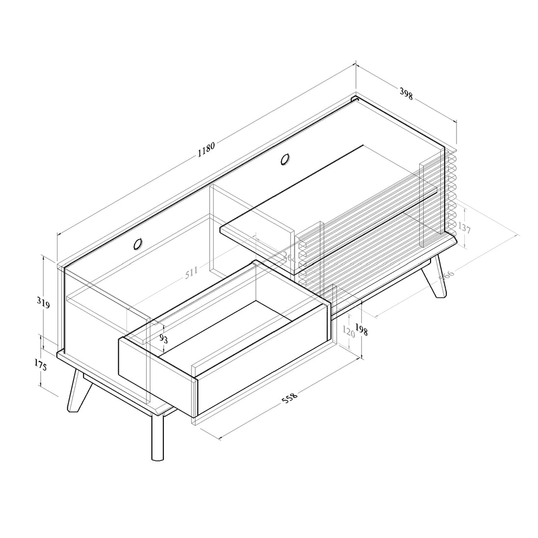 All internal and external dimensions of the tv cabinet.