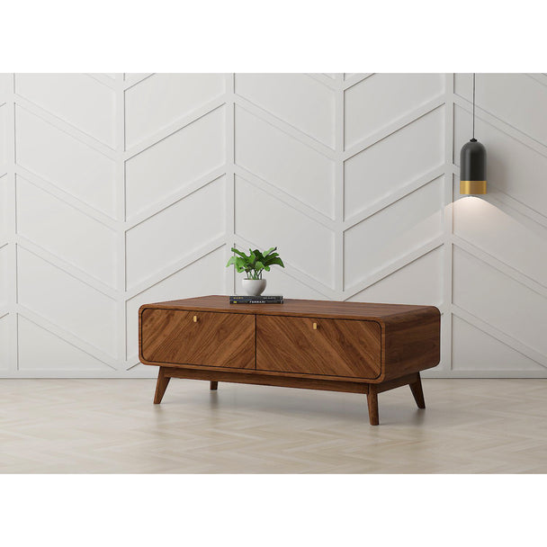 Coffee table in a modernly decorated living room. It shows the 2 cupboards and the top surface area in use.