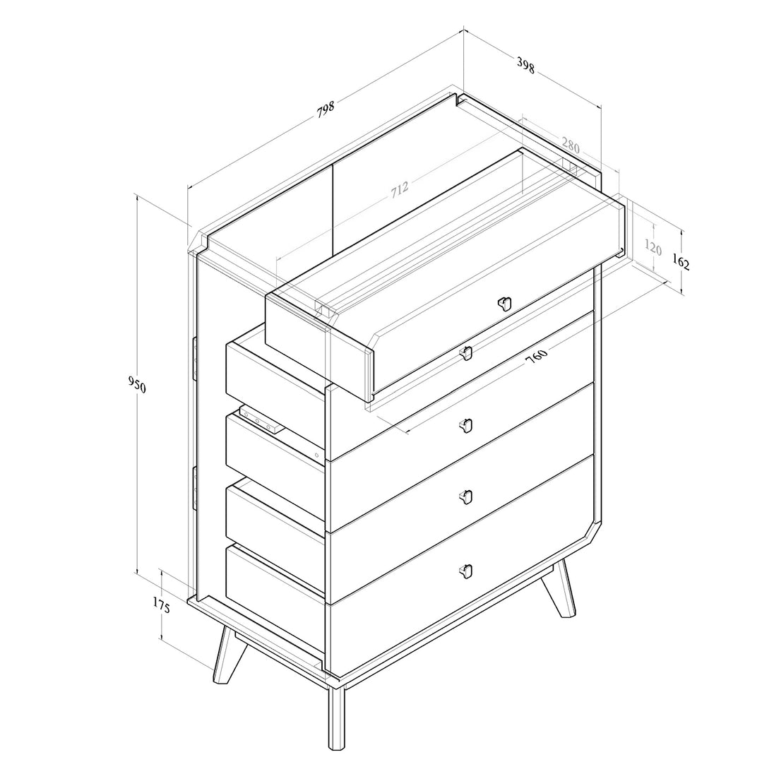 All internal and external dimensions of the chest of drawers.