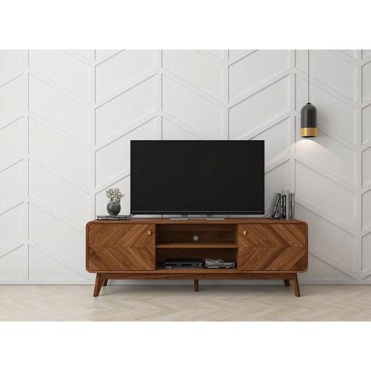 TV cabinet in a modernly decorated living room. It shows the 2 cupboards and internal shelf in use with a TV on top.