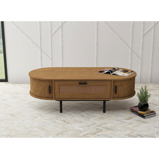 Coffee table in a modernly decorated living room. It shows the 4 built-in cupboards, 1 drawer and top surface area in use.