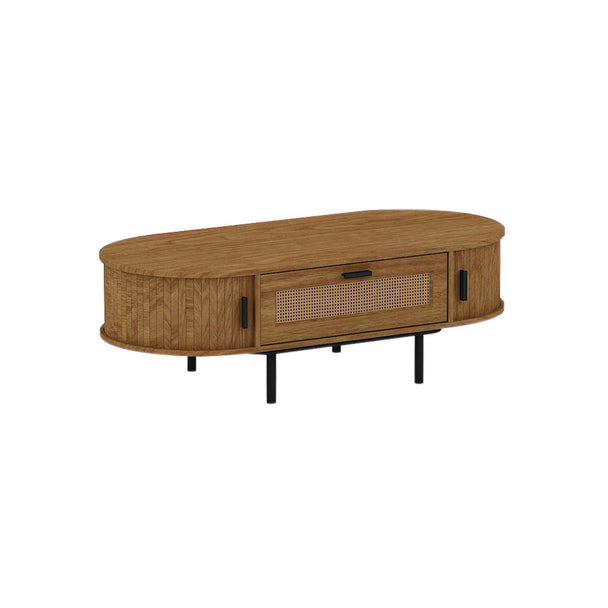 Coffee table with its built-in 4 cupboards and 1 drawer on display.