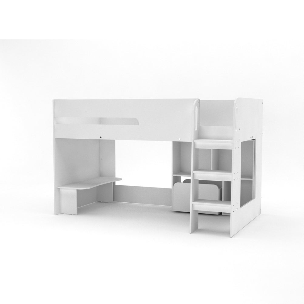 Kudl, Mid Sleeper with Desk, Bookcase, Toybox - White