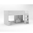 Another side view of the mid sleeper bed. It shows off the mini desk, toy box and 3 shelf storage.