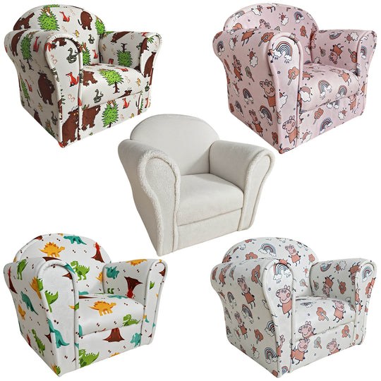 Collection of children's armchairs with various patterns on a white background