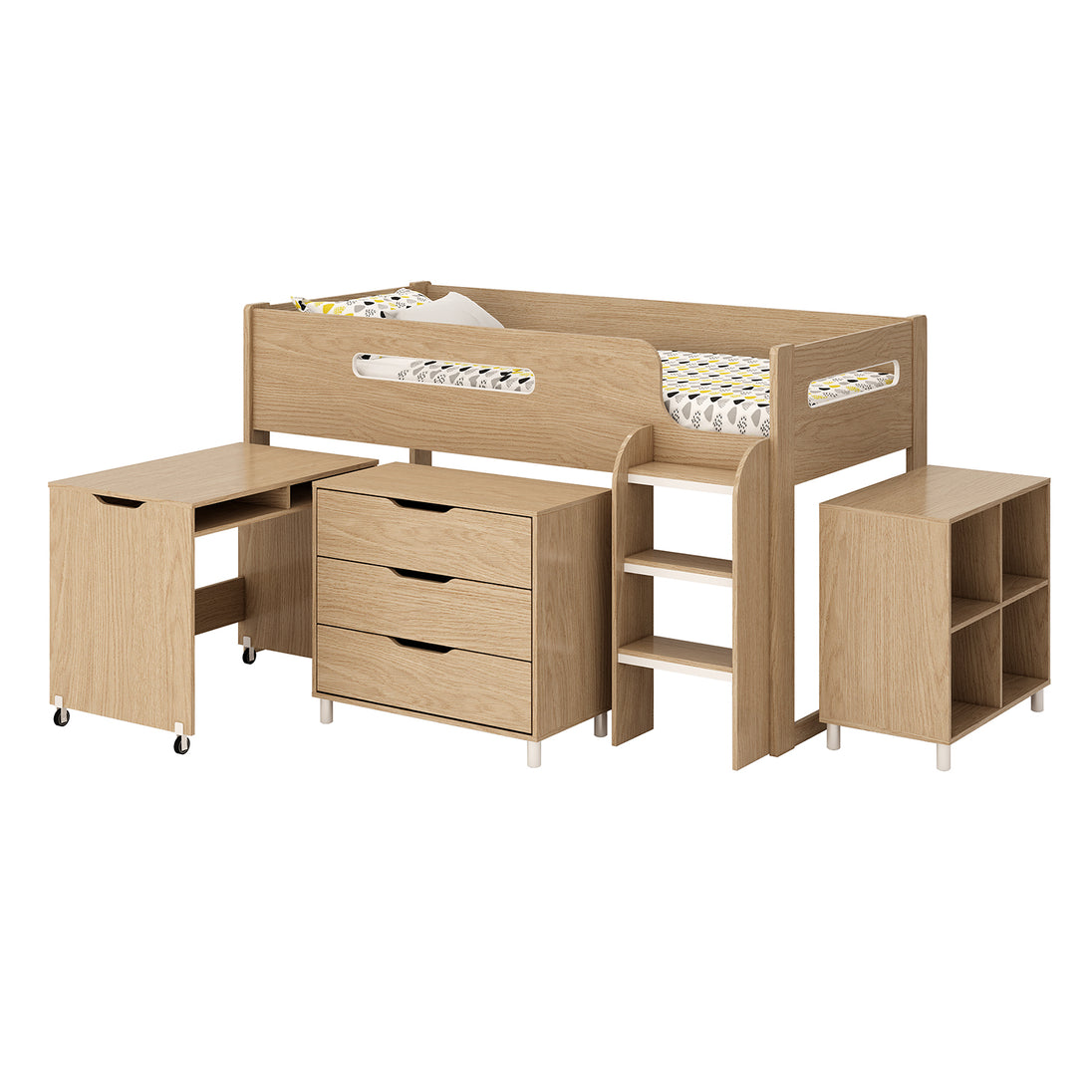 Side view of the oak effect mid sleeper bed. It shows off the included bookcase, 3 drawer chest and desk.